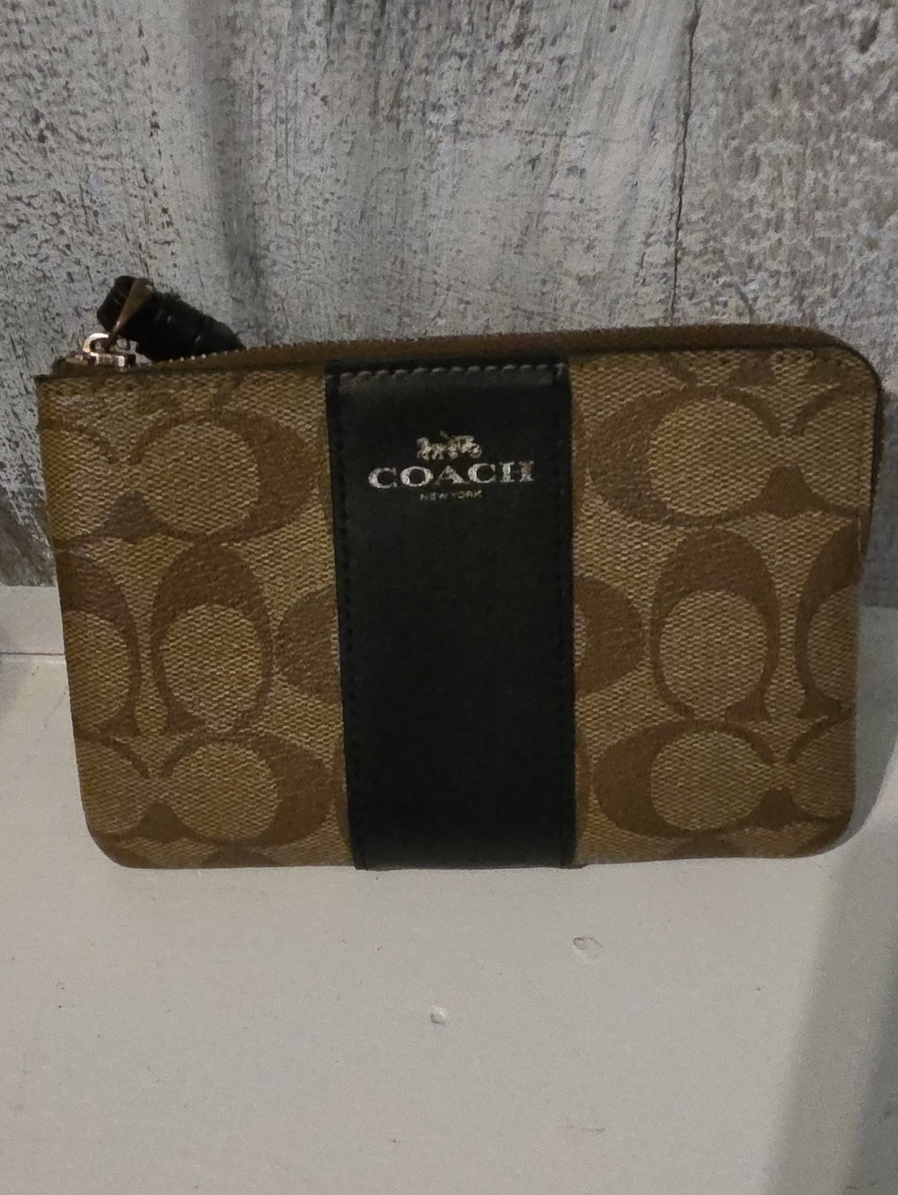 Coach Brown Signature Canvas Wristlet with Black Center Stripe